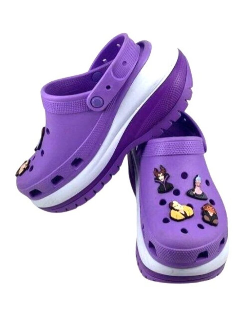 Women's Mega Crush Purple Crocs With Disney Villain Character Charms Size 9 NWOB